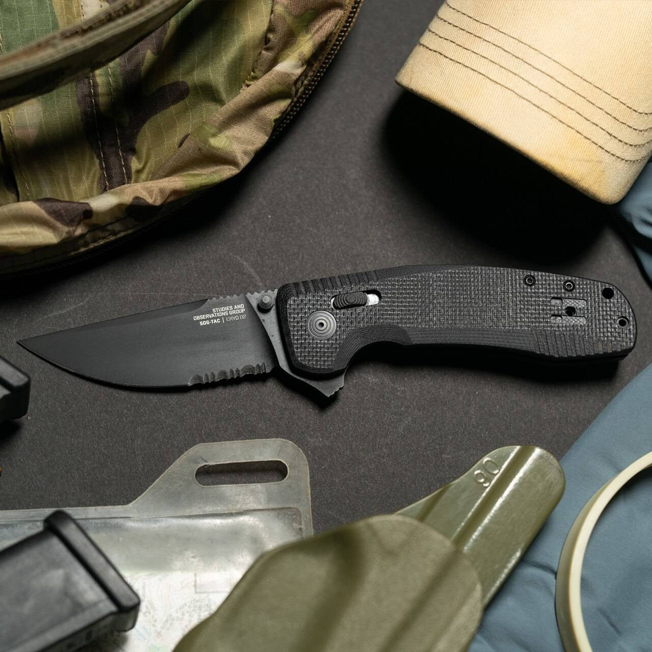  SOG SOG-TAC XR Blackout Serrated Folding Knife